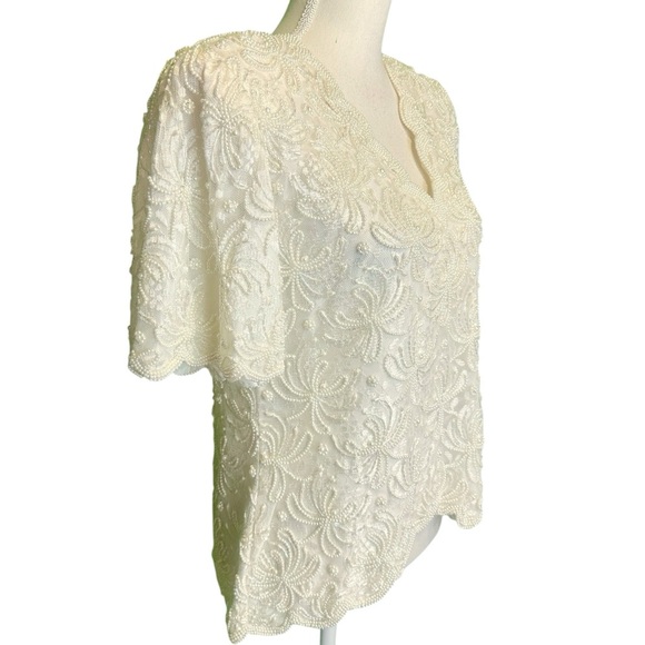 Laurence Kazar Vintage Ivory Pearl Beaded Scalloped Trim Short Sleeve Blouse MP - Picture 10 of 16